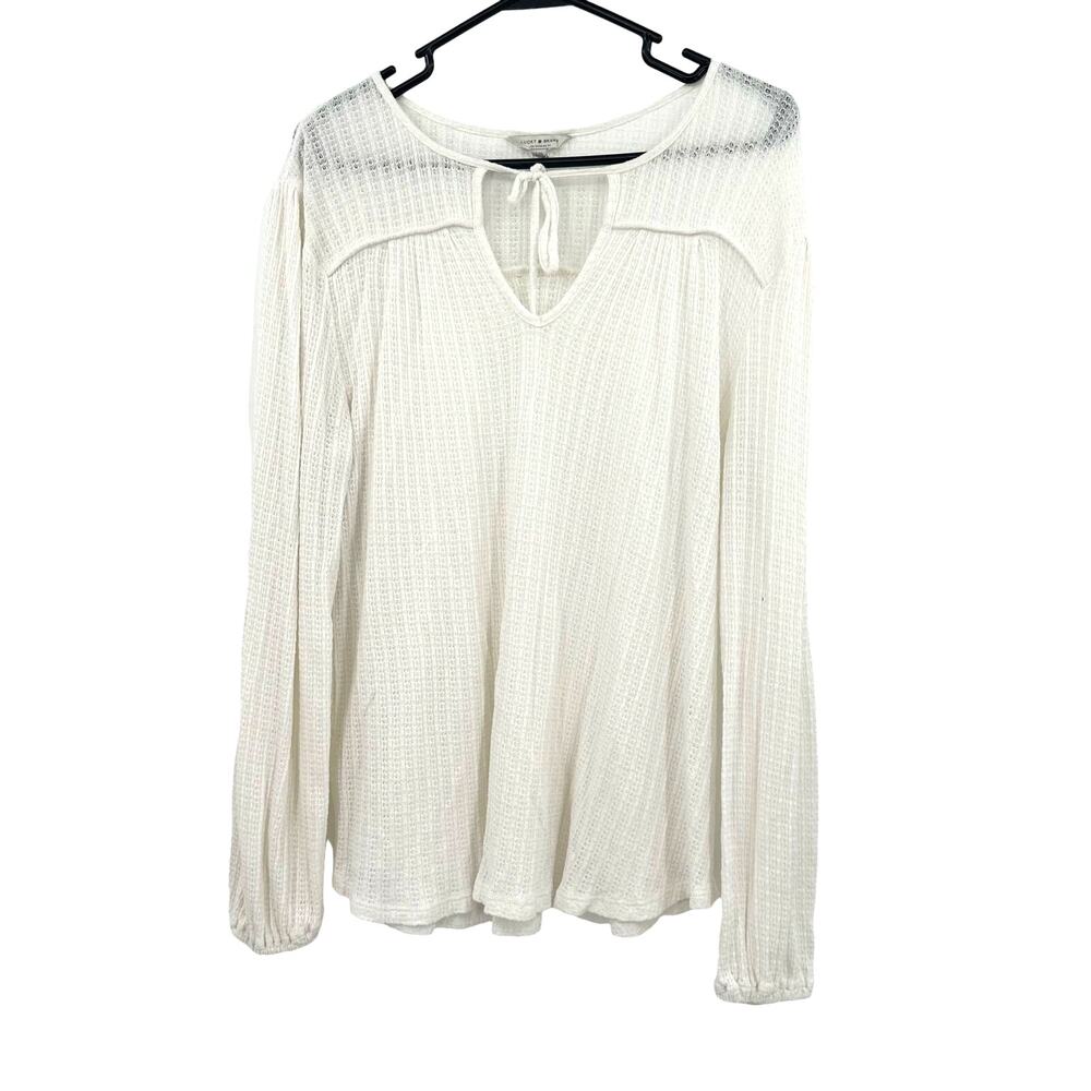 Lucky Brand Size Large Sweater White Keyhole Tie Lightweight Sheer Knit‎